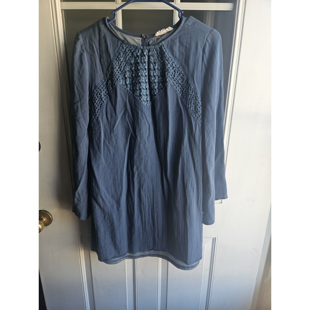 Entro Women Blue Crochet Lace Yoke Flowy Tunic Dress Size Small Rounded Neckline